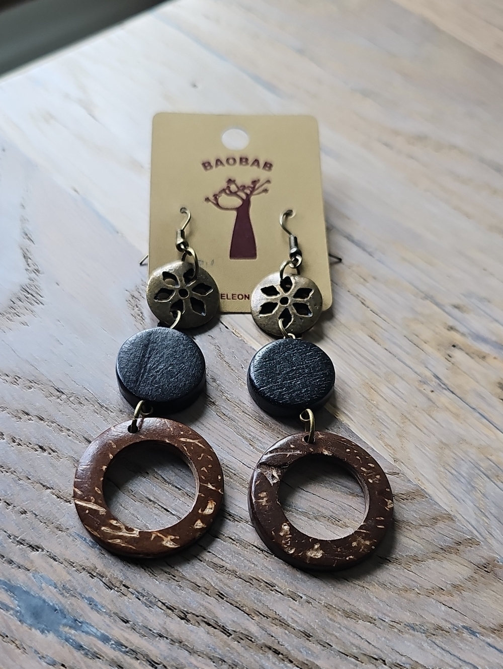 Baobab Collection Brown and Black Coconut Ring Drop Earrings